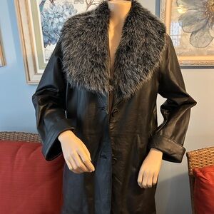 Women's Black Leather Coat with Faux Fur Collar